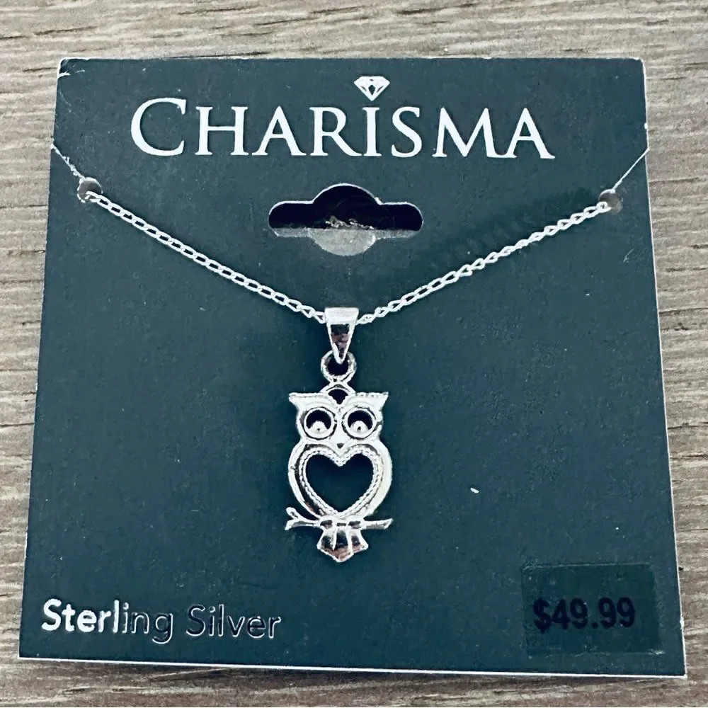 Sterling Silver Heart Owl Charm Necklace